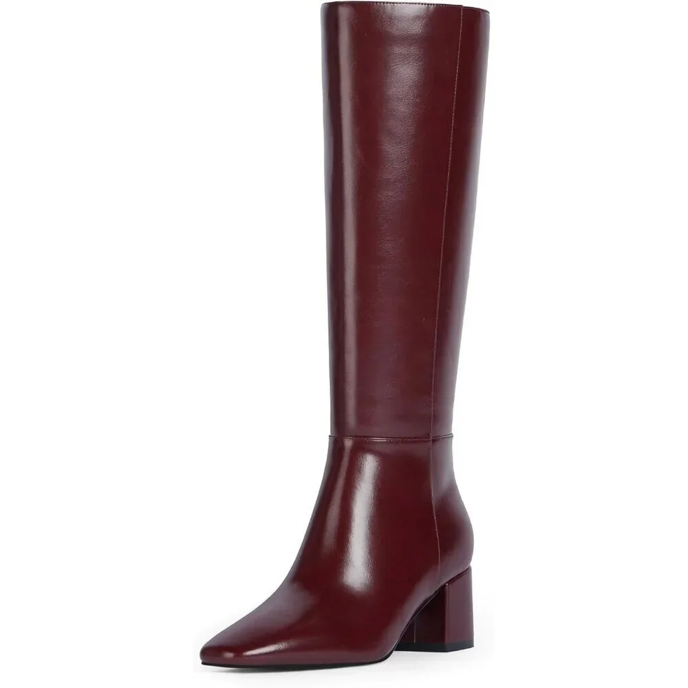 Women's Burgundy Knee High Boots Square Toe Tall Chunky Heel Rubber